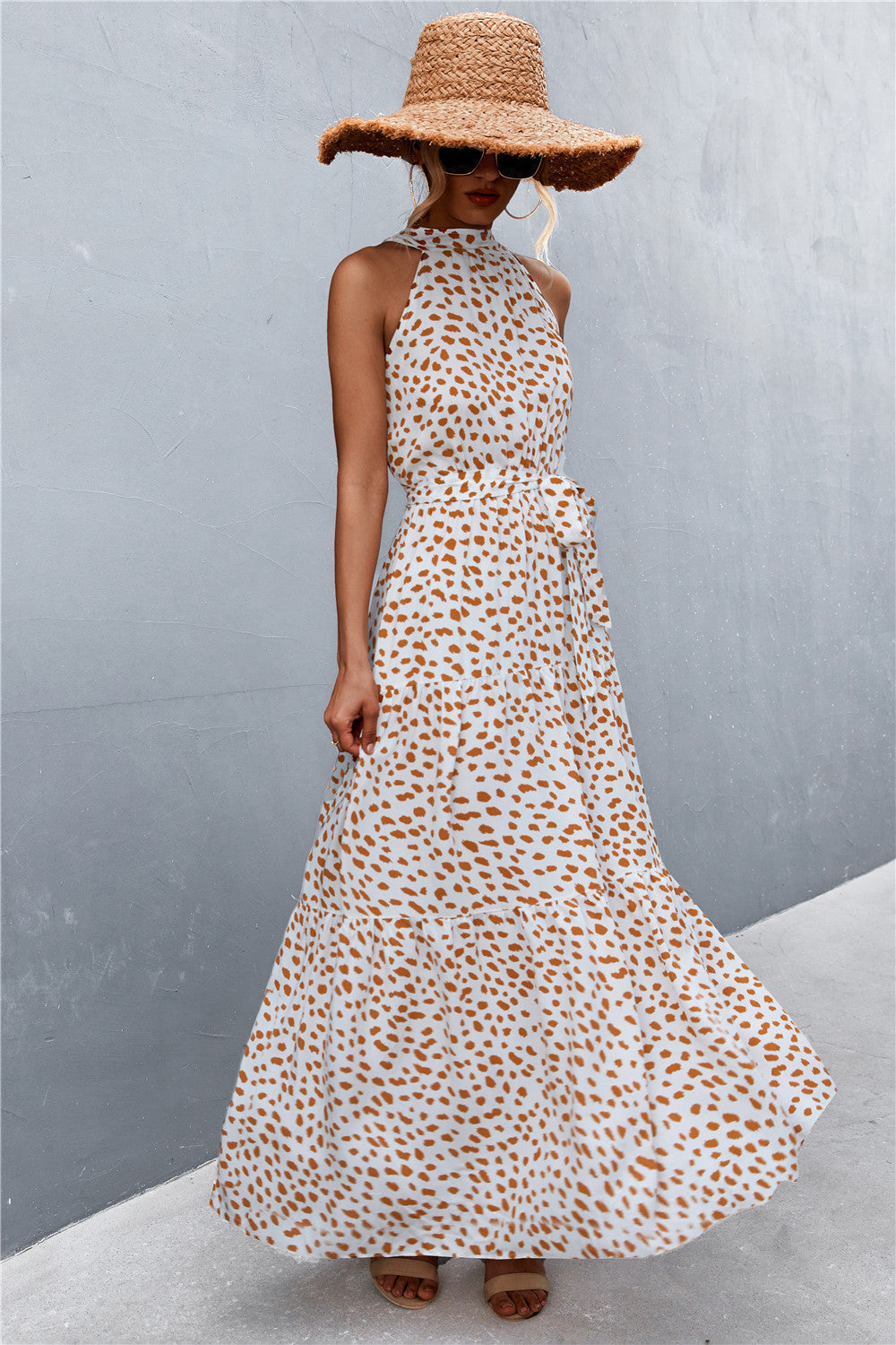 Women's Printed Sleeveless Tie Waist Maxi Dress