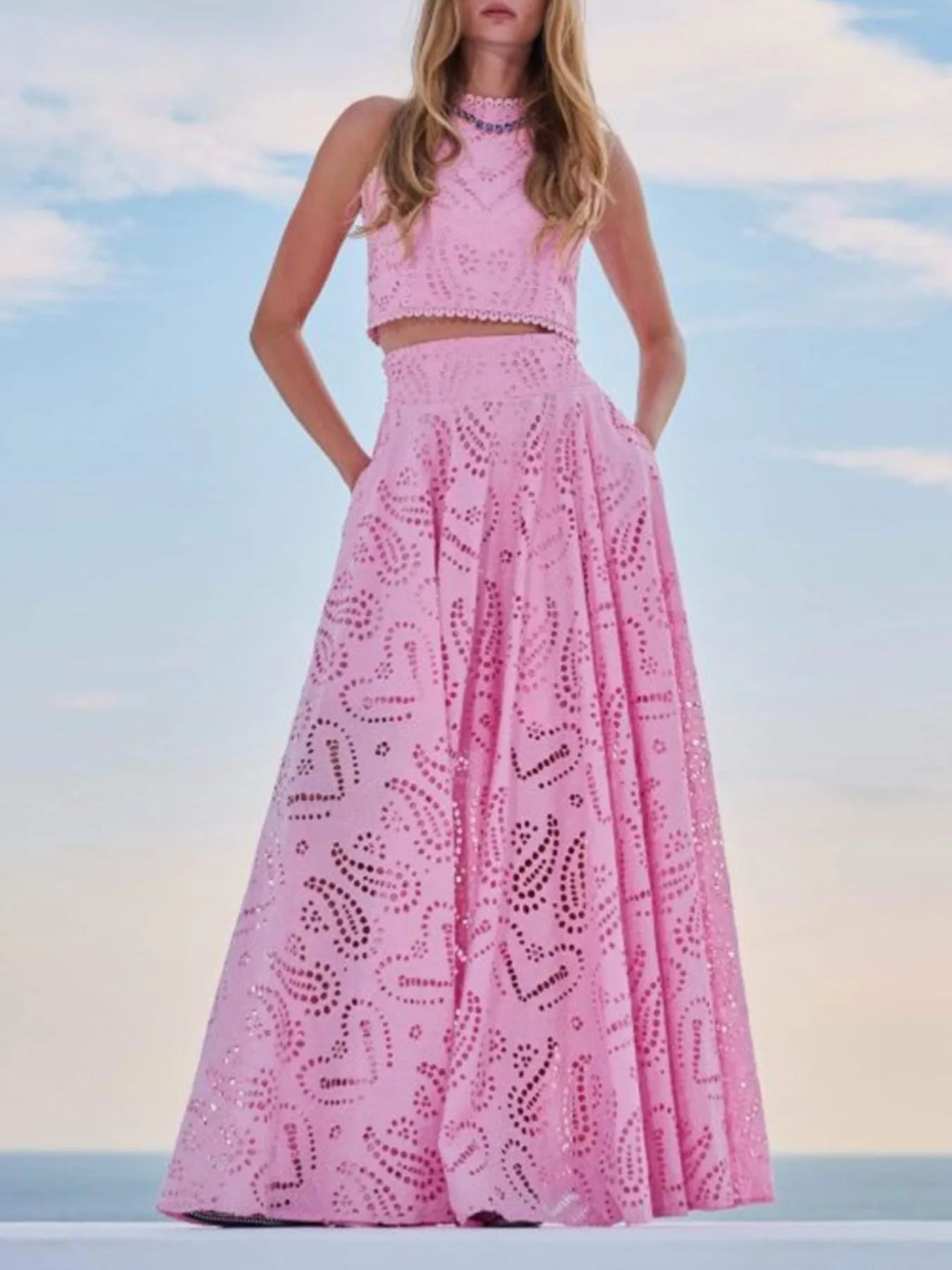 Women's Eyelet Lace Top Maxi Skirt Set
