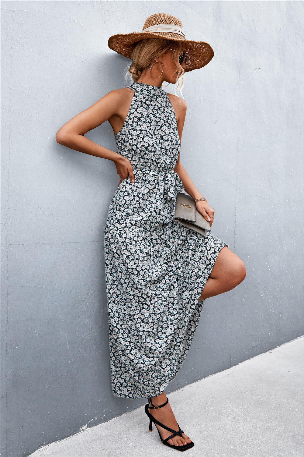 Women's Printed Sleeveless Tie Waist Maxi Dress