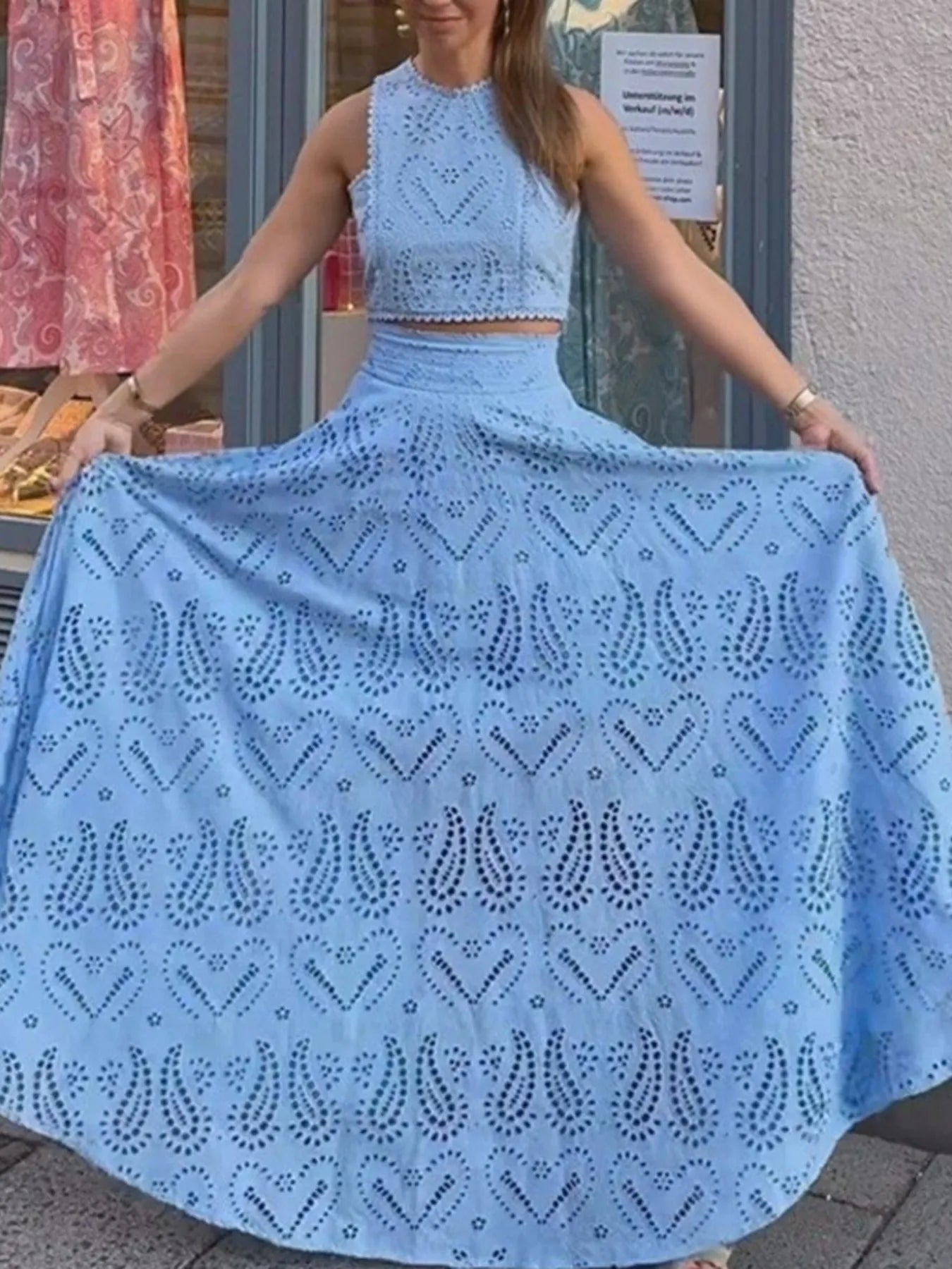 Women's Eyelet Lace Top Maxi Skirt Set