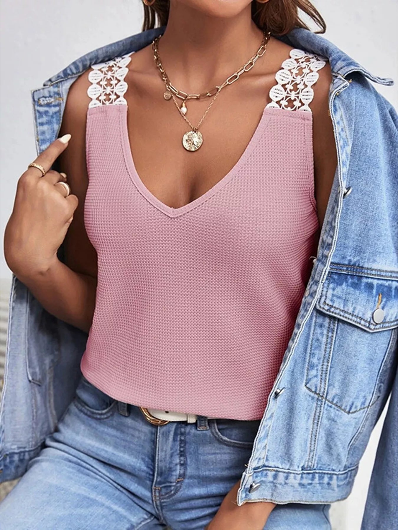 Women's Lace Trim V Neck Tank Top