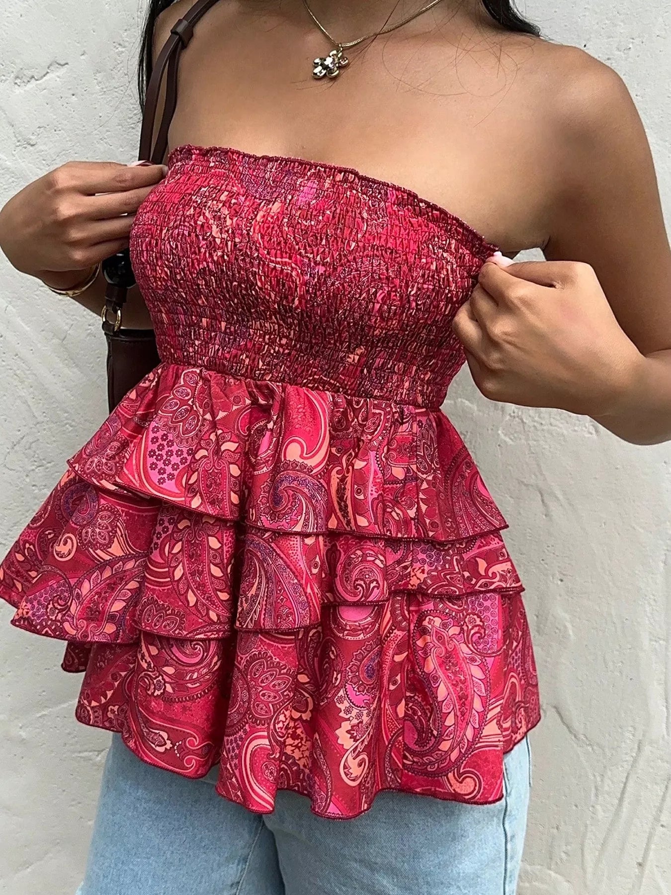 Smocked Layered Paisley Print Strapless Tube Top