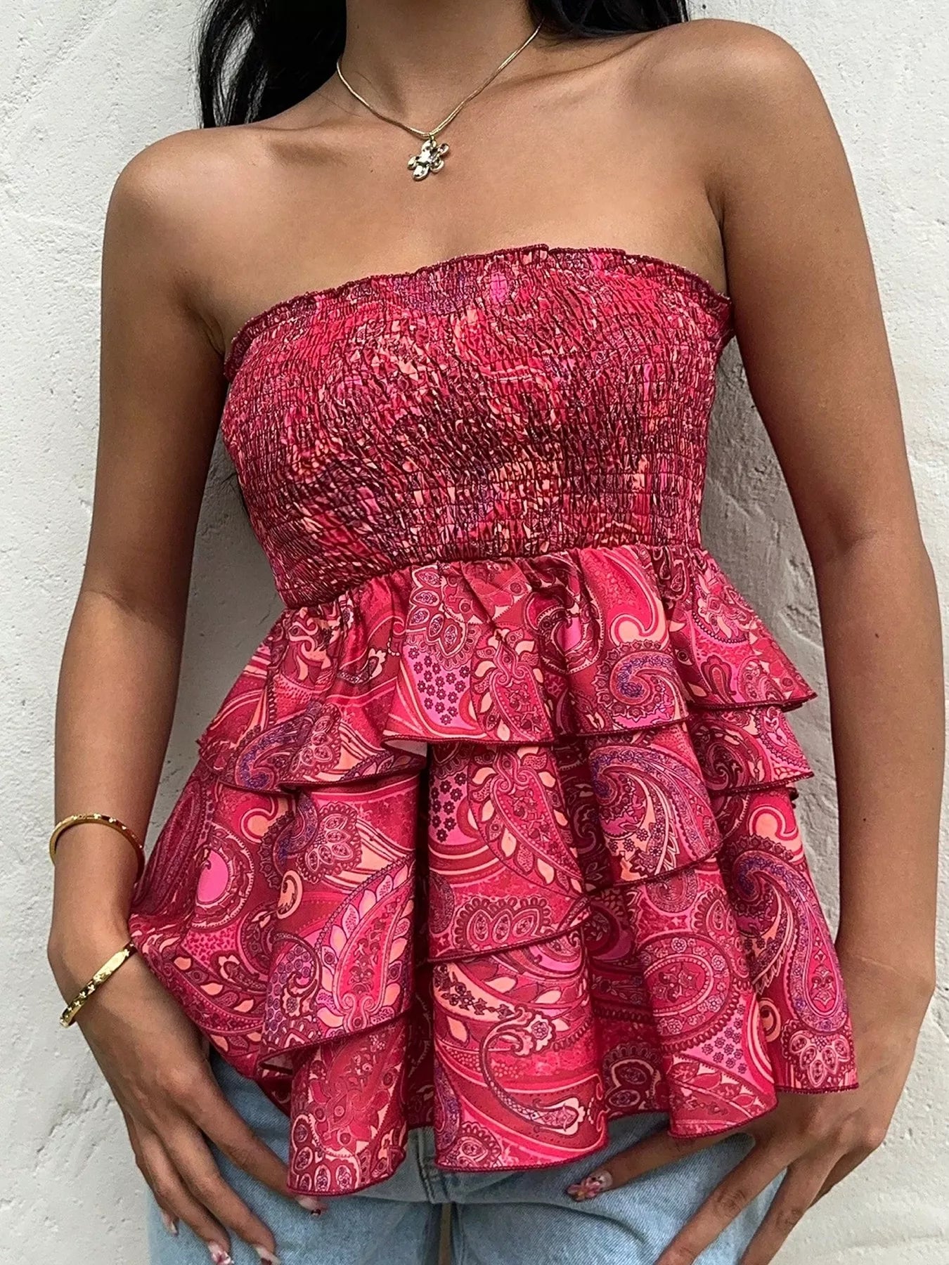 Smocked Layered Paisley Print Strapless Tube Top