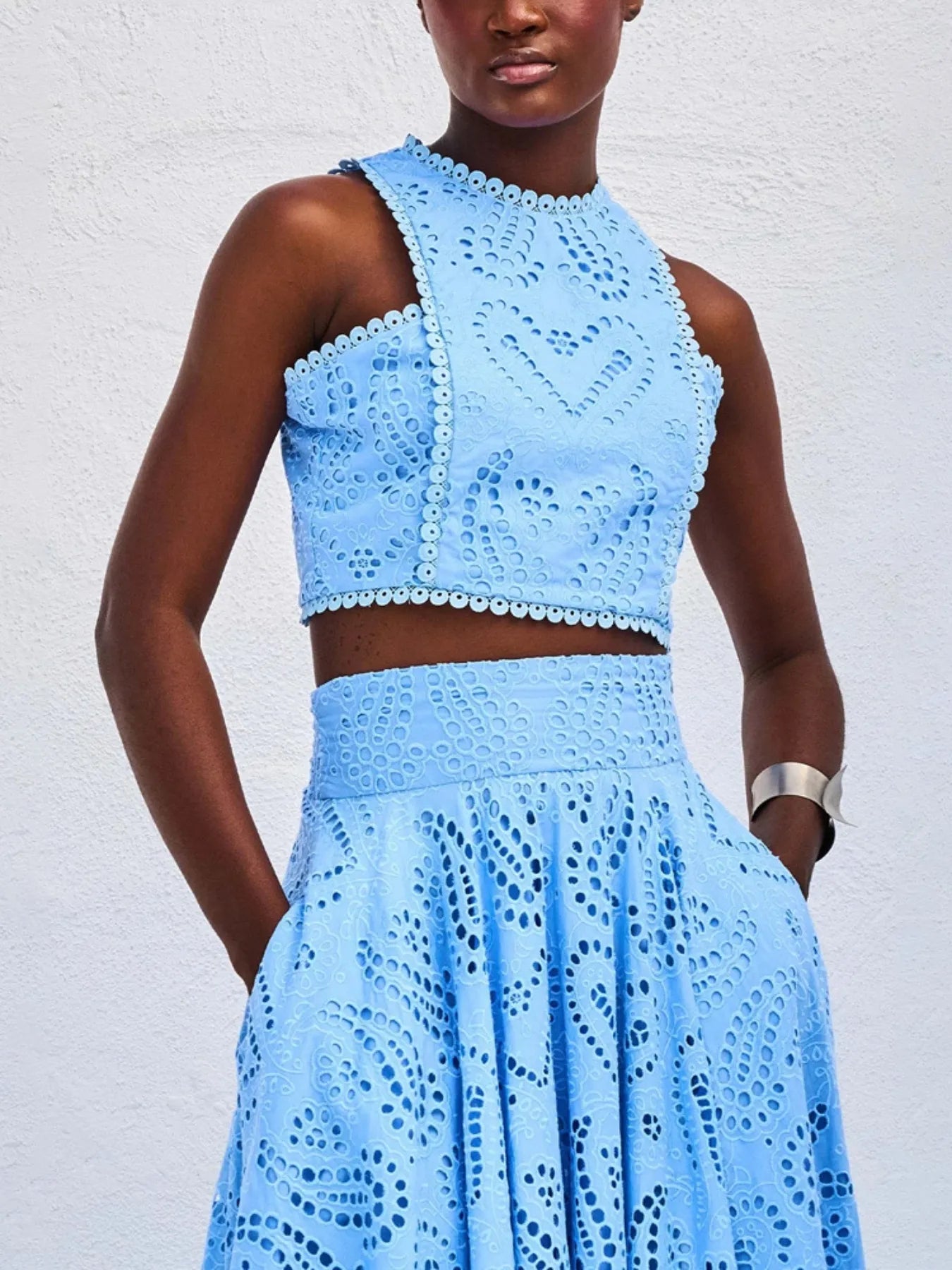 Women's Eyelet Lace Top Maxi Skirt Set