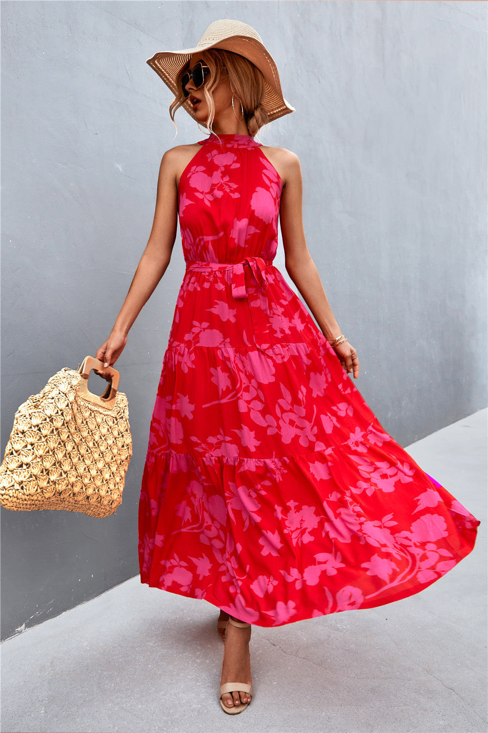 Women's Printed Sleeveless Tie Waist Maxi Dress