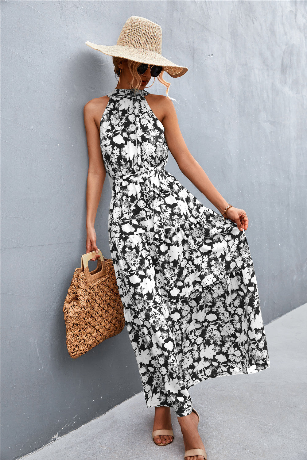 Women's Printed Sleeveless Tie Waist Maxi Dress