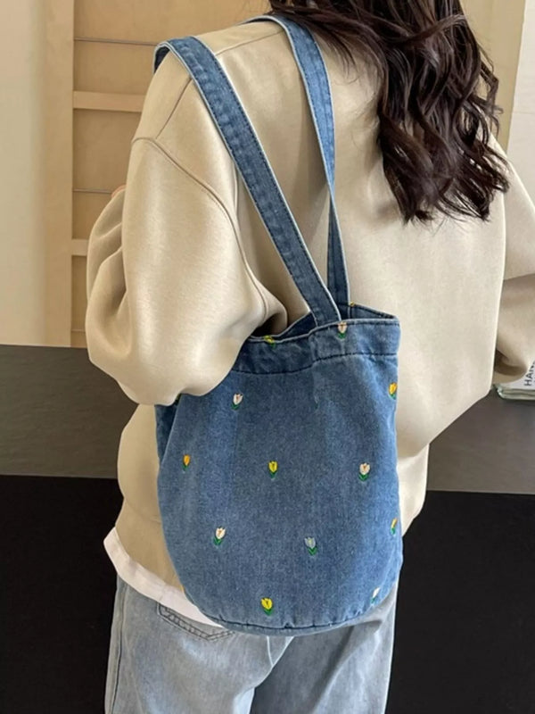 Floral Embroidered Denim Handbag Stylish Casual Purse