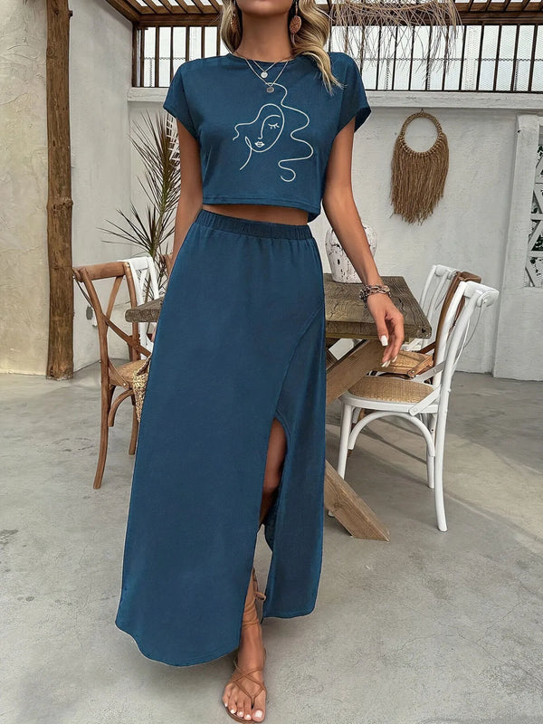 Women's Round Neck Short Sleeve Top Skirt Set