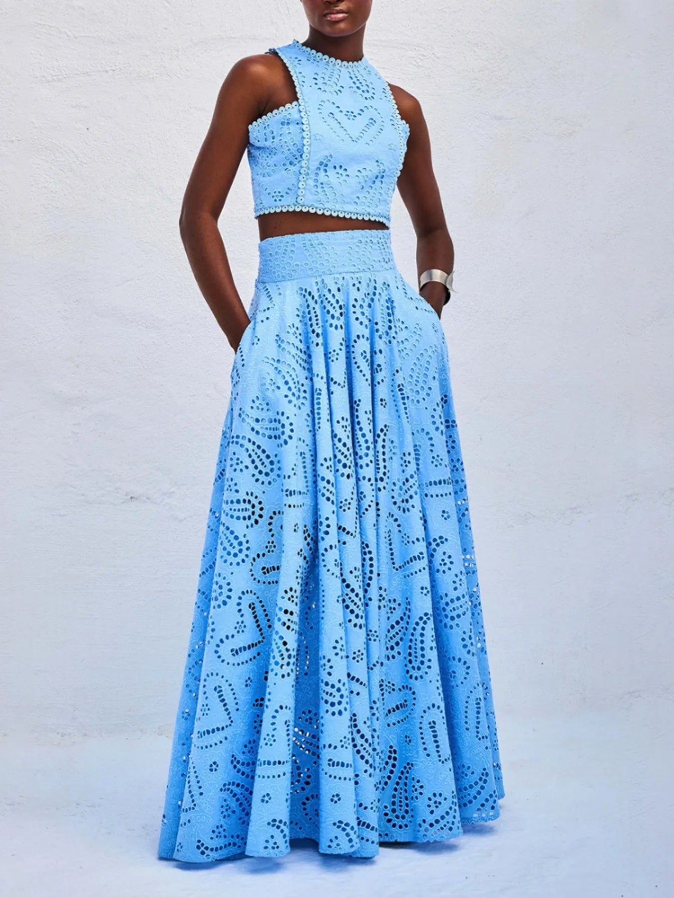 Women's Eyelet Lace Top Maxi Skirt Set
