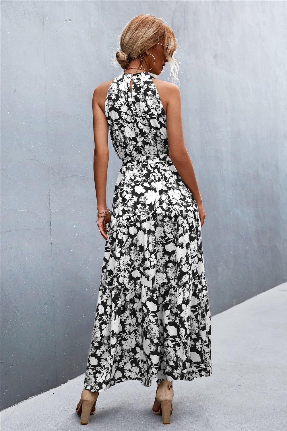 Women's Printed Sleeveless Tie Waist Maxi Dress