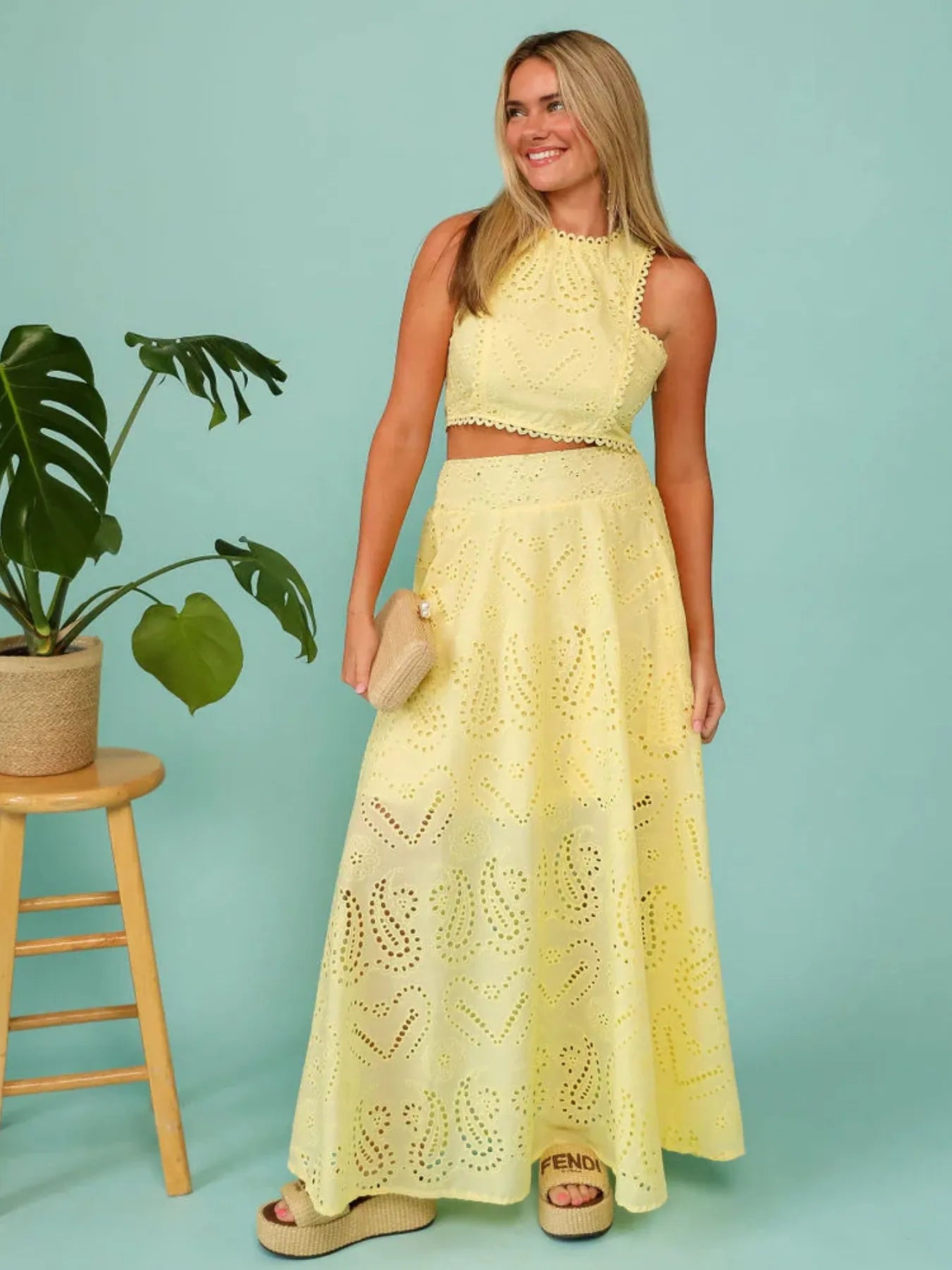 Women's Eyelet Lace Top Maxi Skirt Set