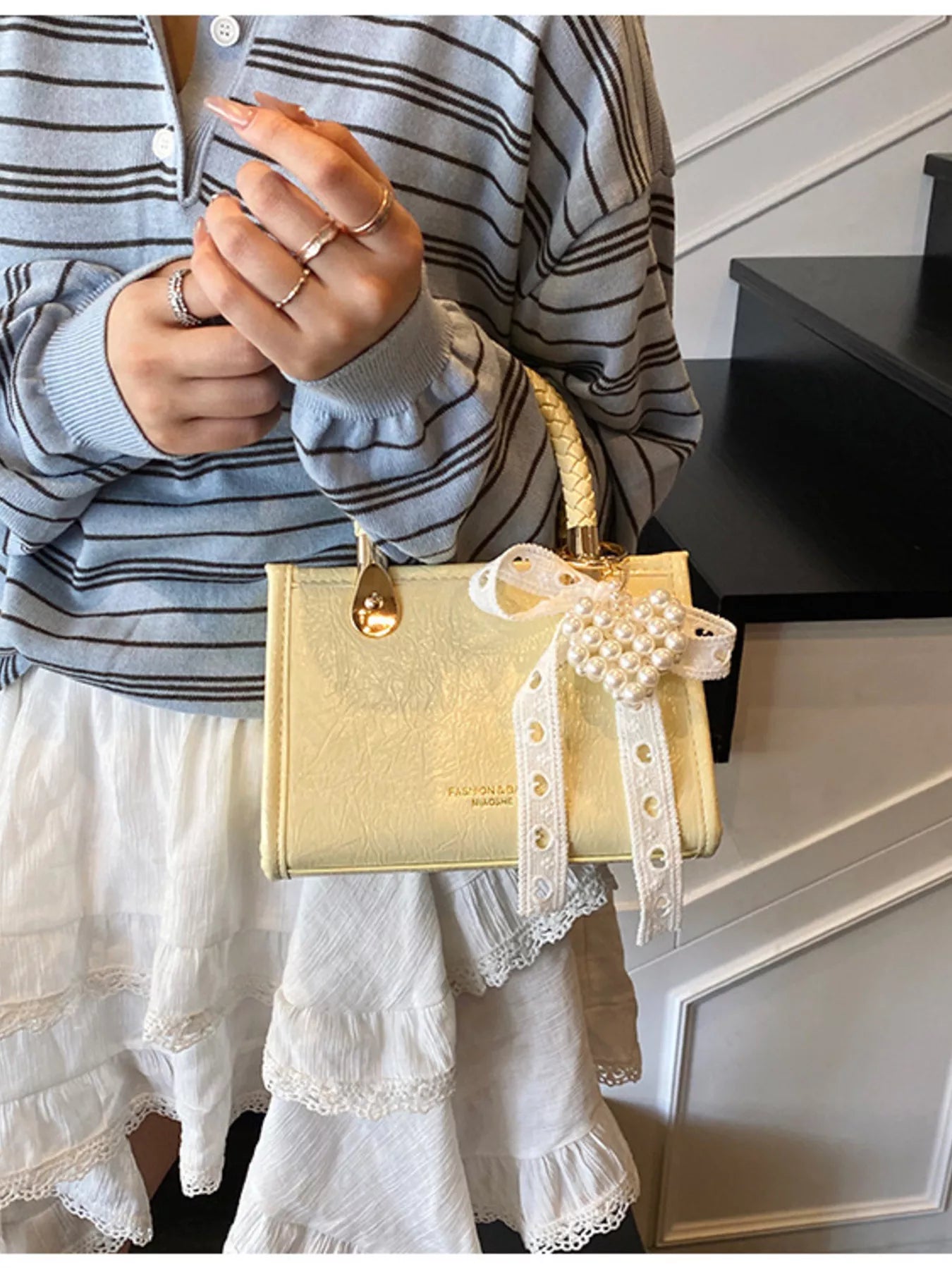 Braided Handle Pearl Decor Crossbody Bag