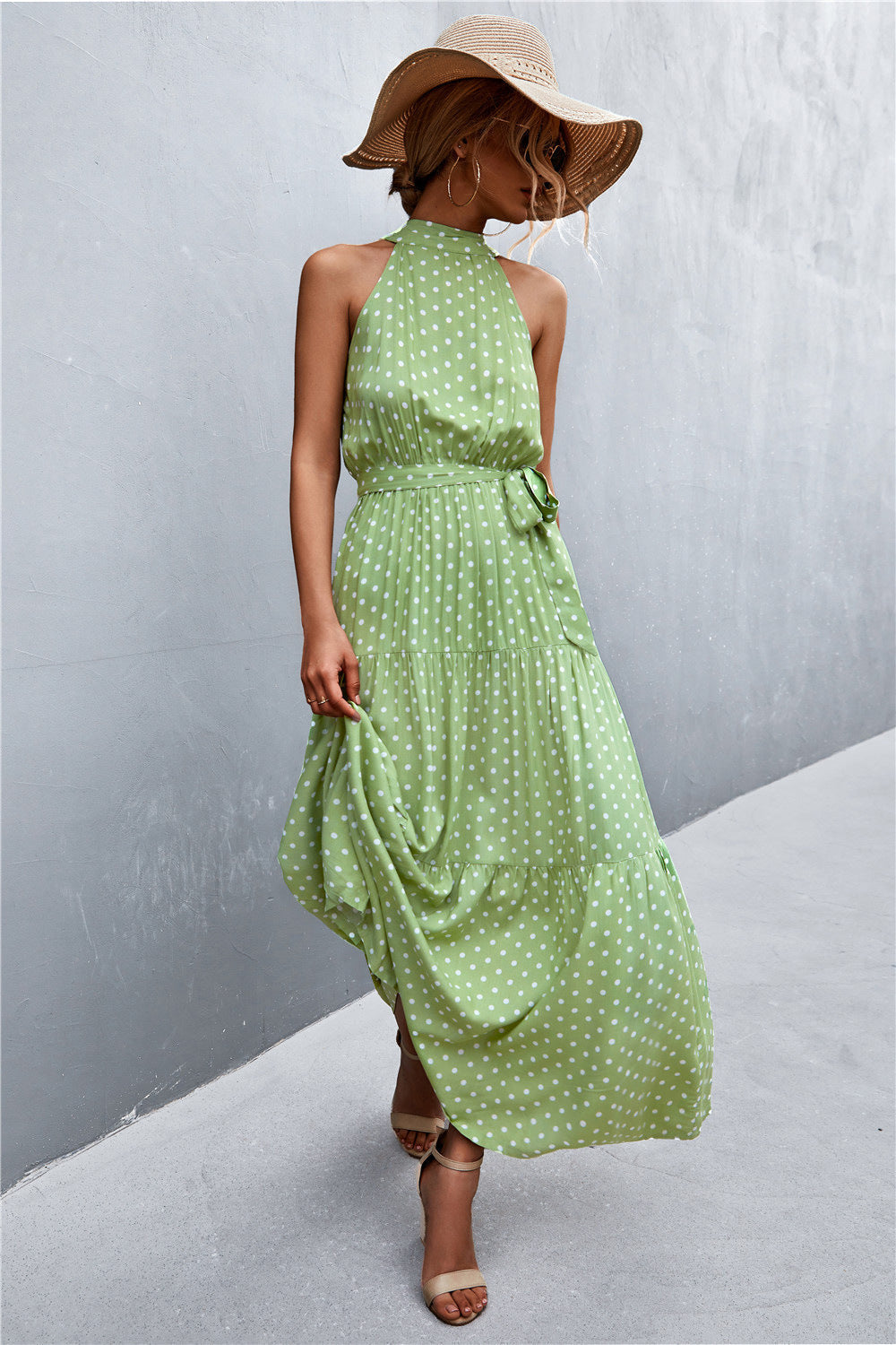 Women's Printed Sleeveless Tie Waist Maxi Dress