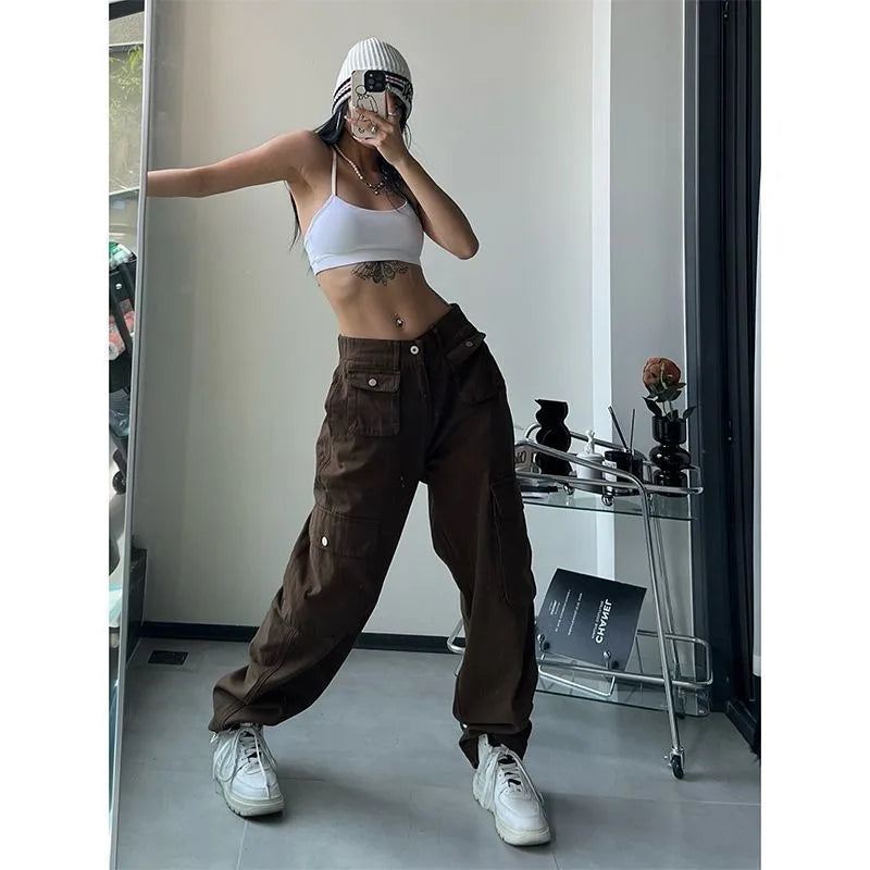 Women's Vintage Brown Cargo Pants Baggy Streetwear