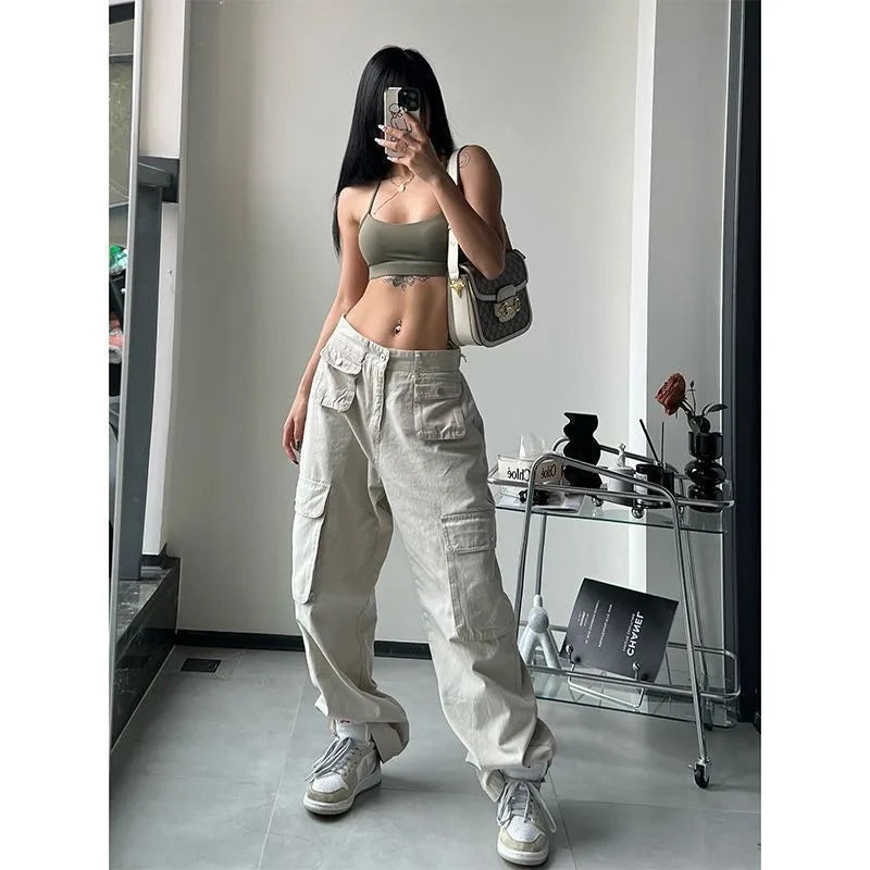 Women's Vintage Brown Cargo Pants Baggy Streetwear