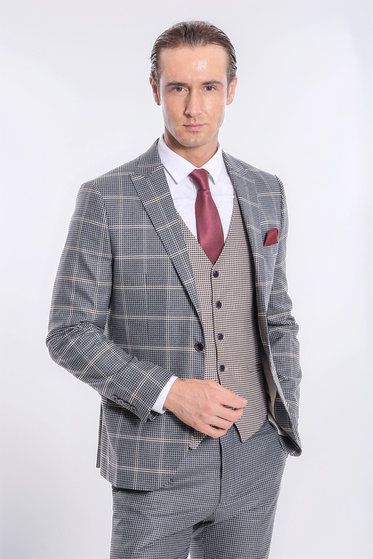 Men's Beige Checked Slim Fit Vest Suit