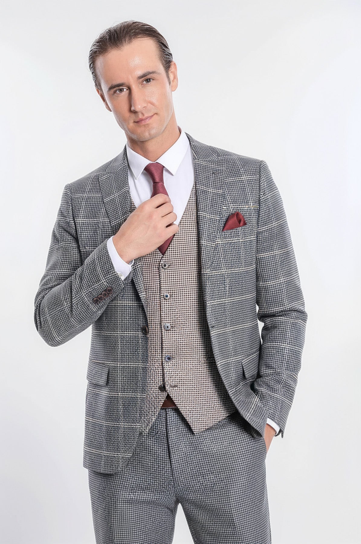 Men's Beige Checked Slim Fit Vest Suit
