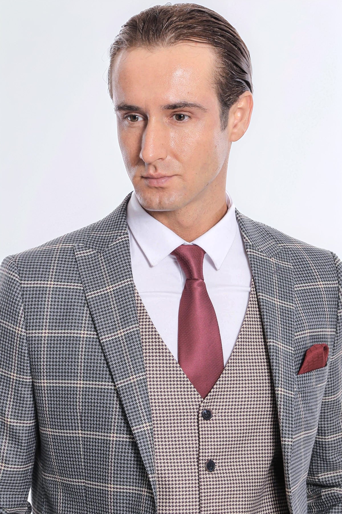 Men's Beige Checked Slim Fit Vest Suit