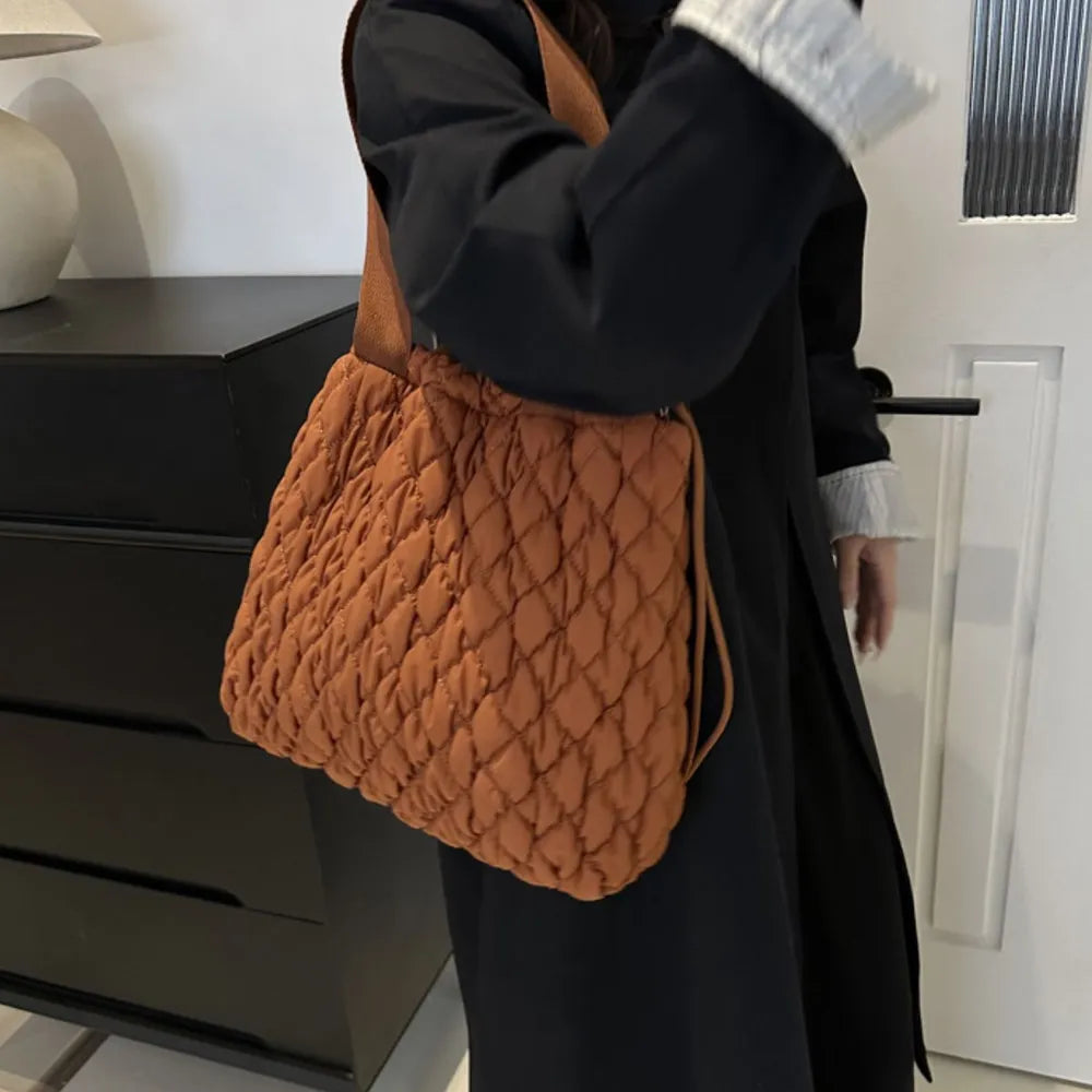 Drawstring Bubble Texture Tote Bag Casual Handbag