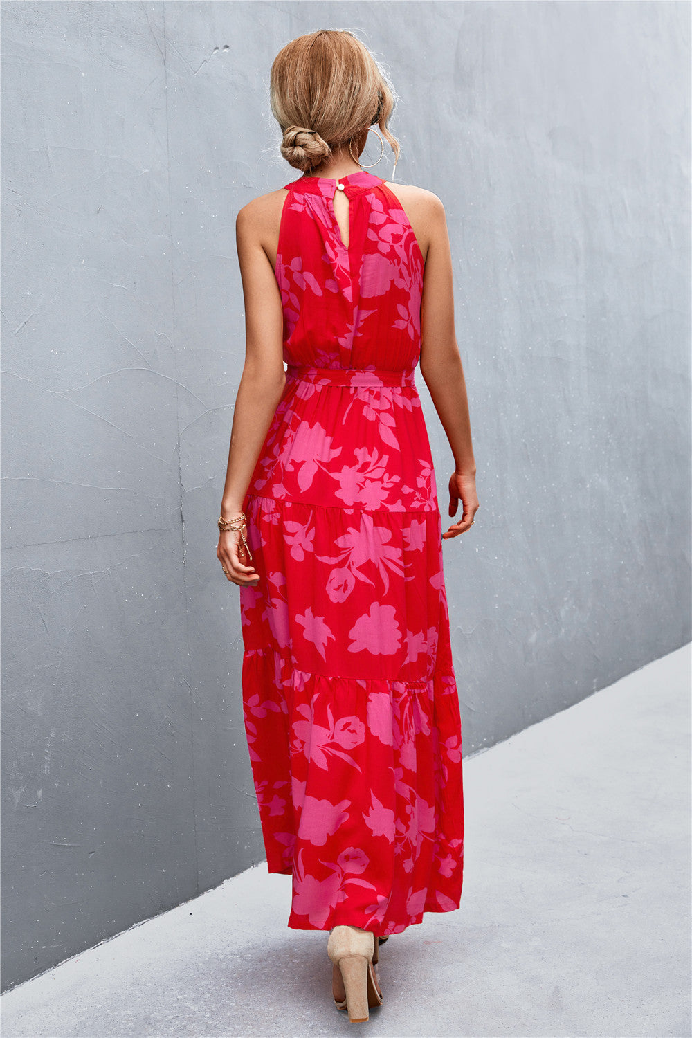 Women's Printed Sleeveless Tie Waist Maxi Dress