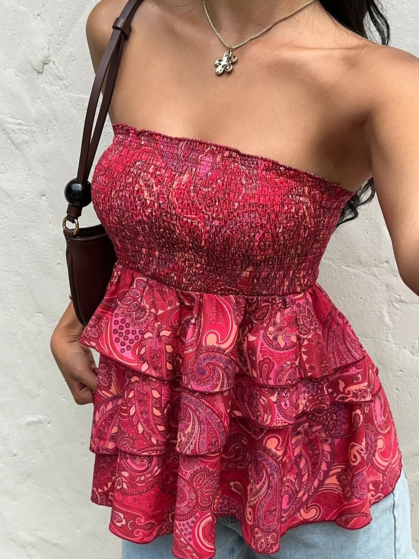 Smocked Layered Paisley Print Strapless Tube Top