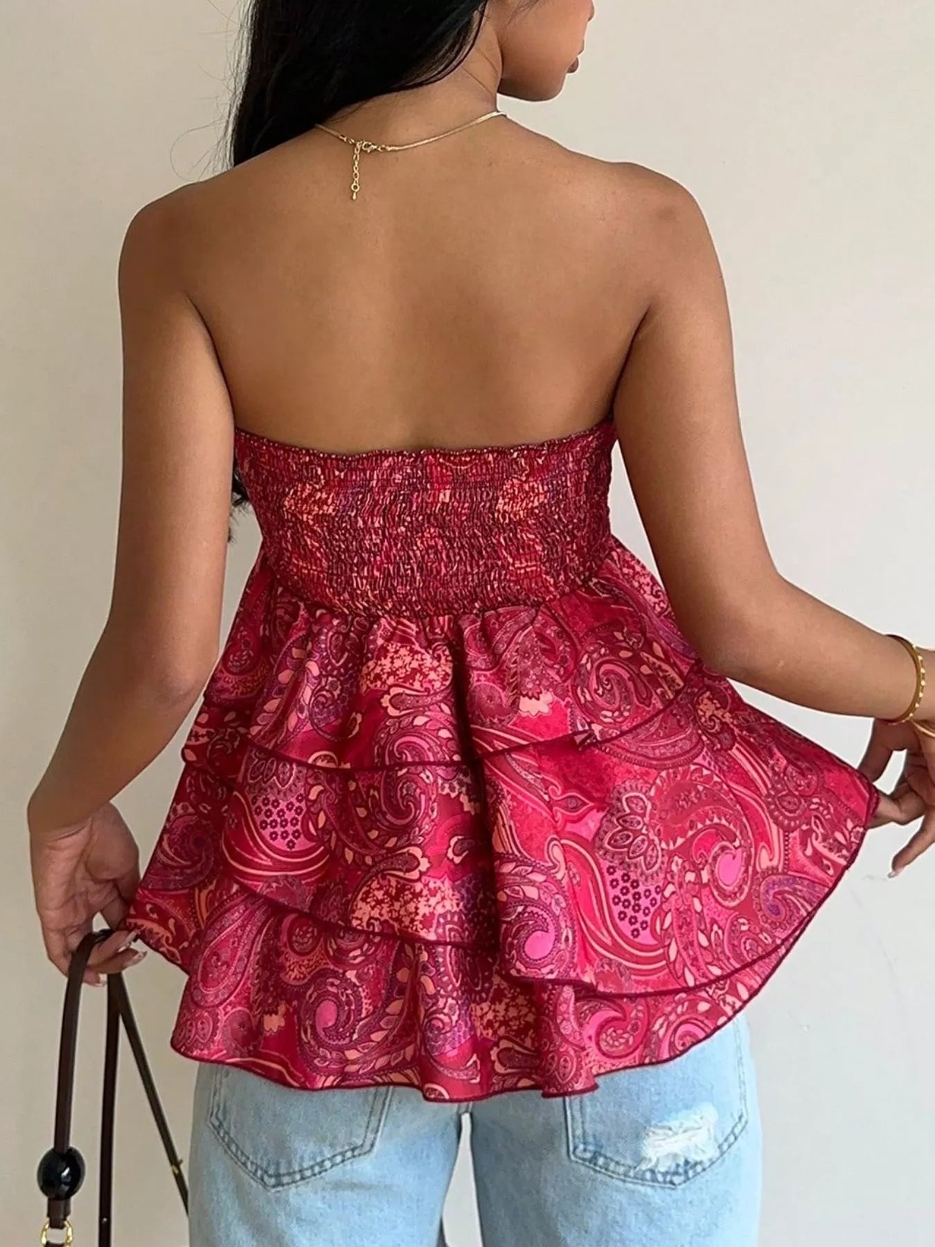 Smocked Layered Paisley Print Strapless Tube Top