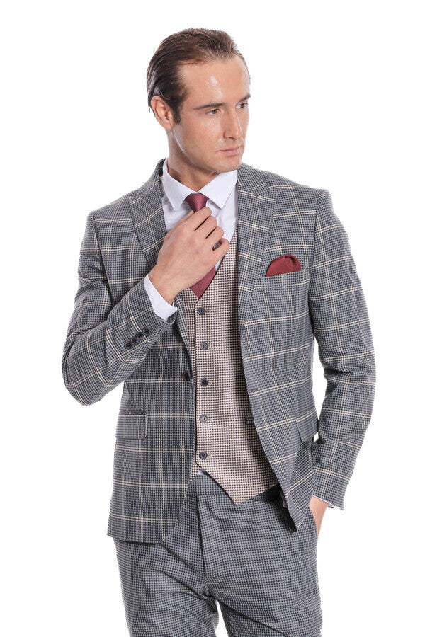 Men's Beige Checked Slim Fit Vest Suit