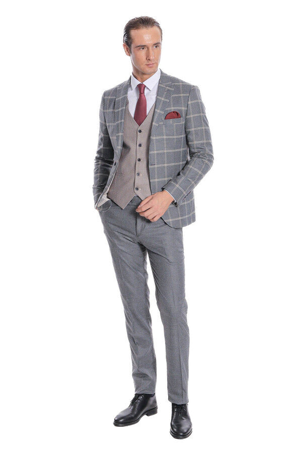 Men's Beige Checked Slim Fit Vest Suit