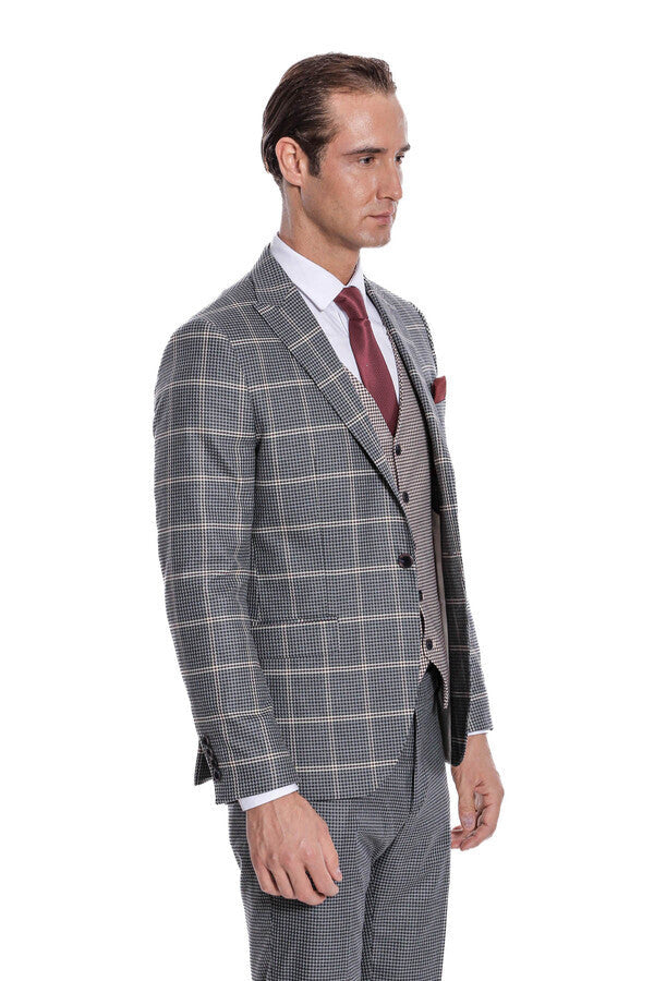 Men's Beige Checked Slim Fit Vest Suit