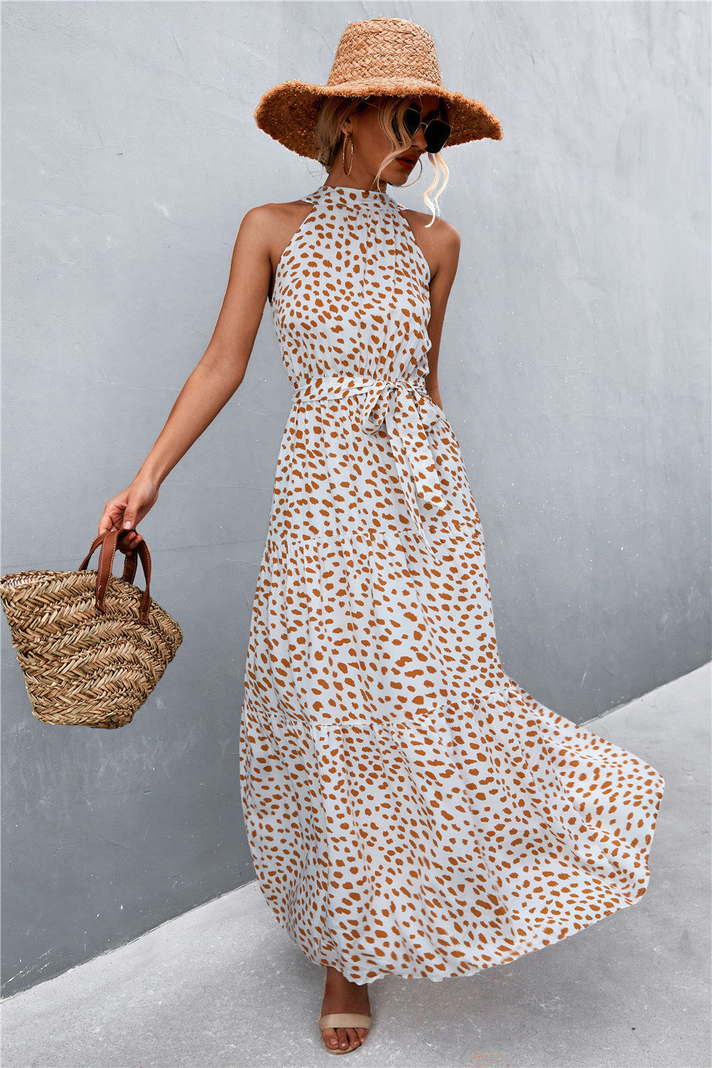 Women's Printed Sleeveless Tie Waist Maxi Dress