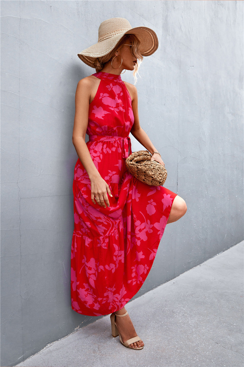 Women's Printed Sleeveless Tie Waist Maxi Dress