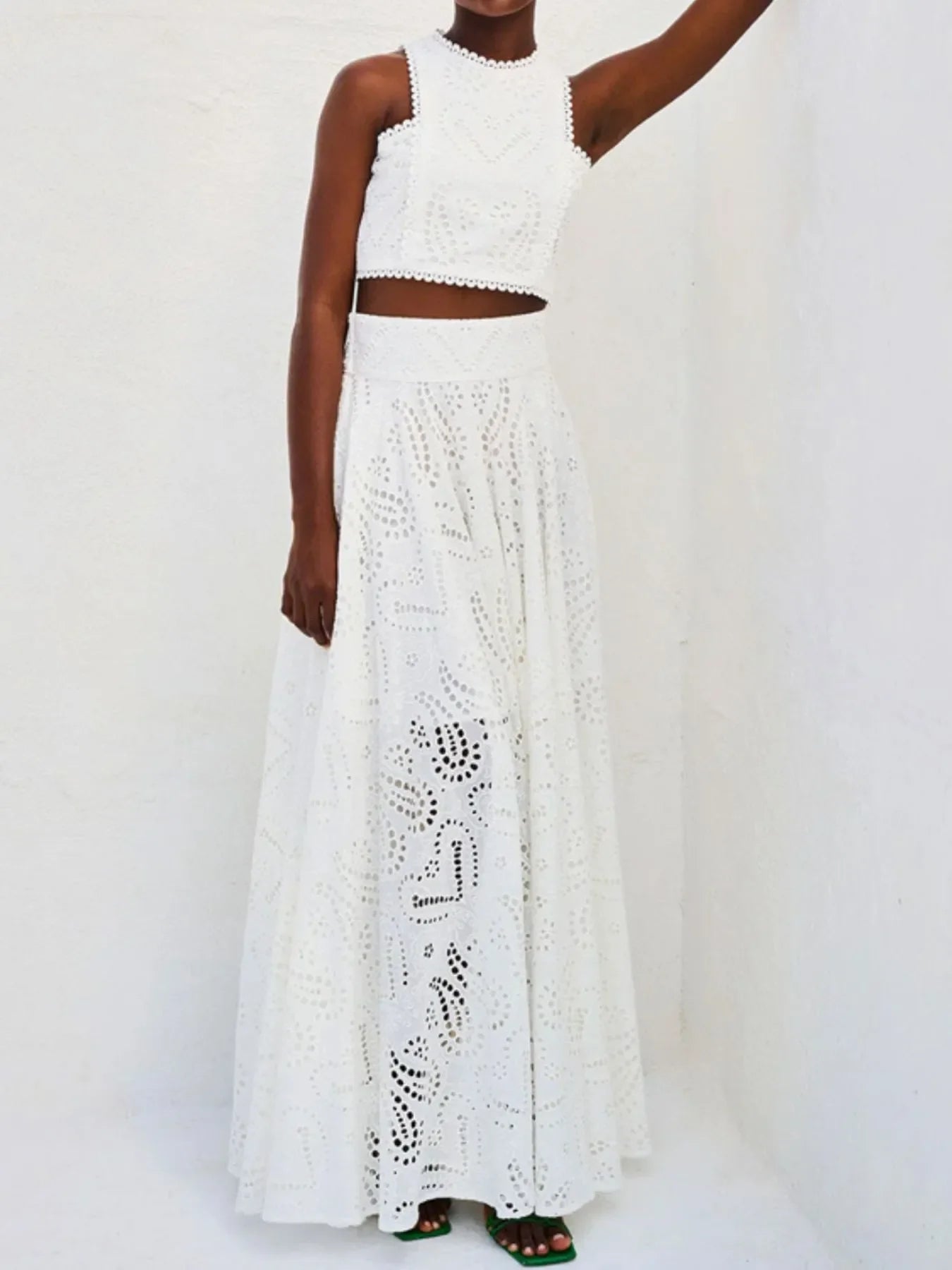 Women's Eyelet Lace Top Maxi Skirt Set