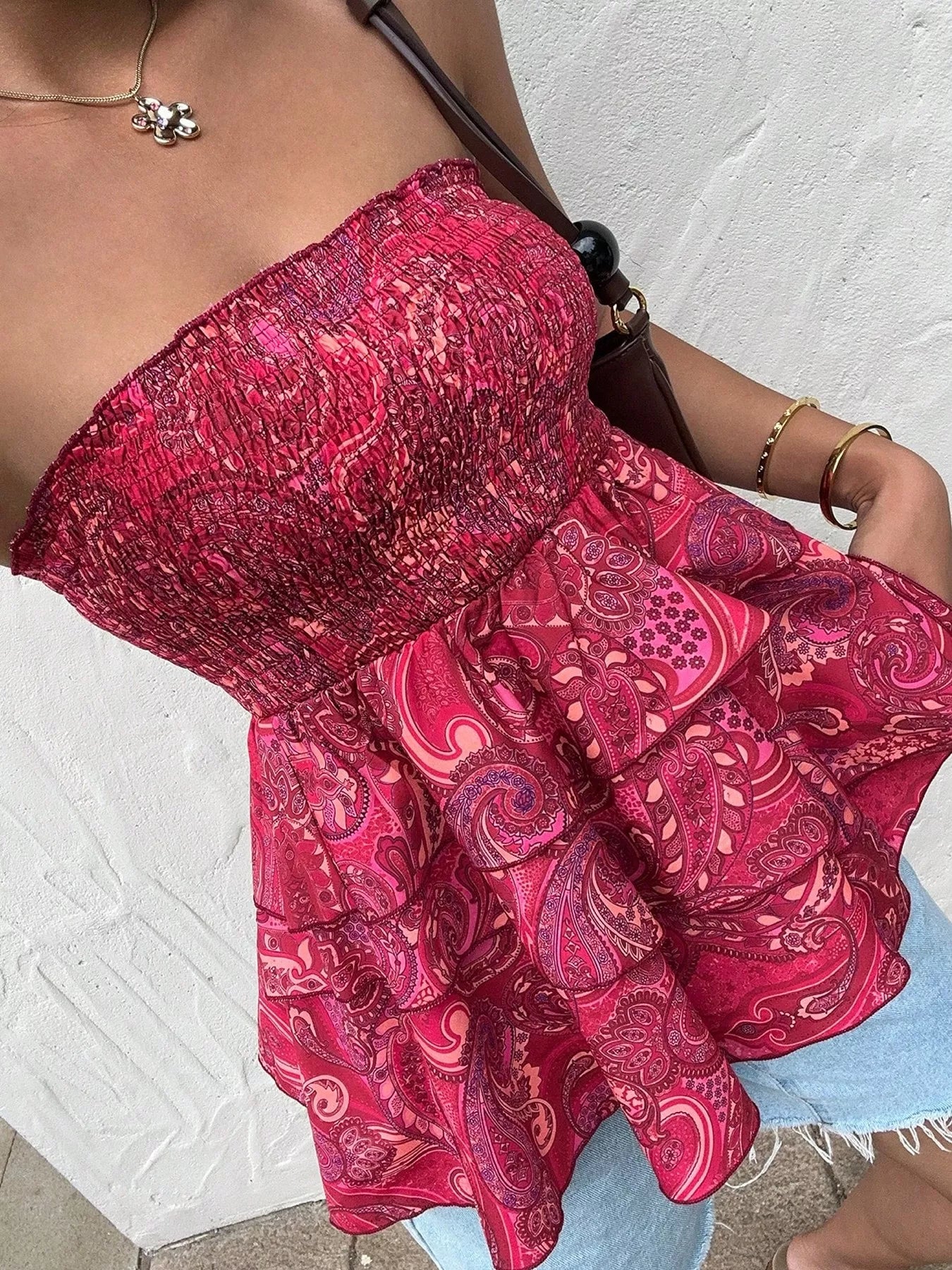Smocked Layered Paisley Print Strapless Tube Top