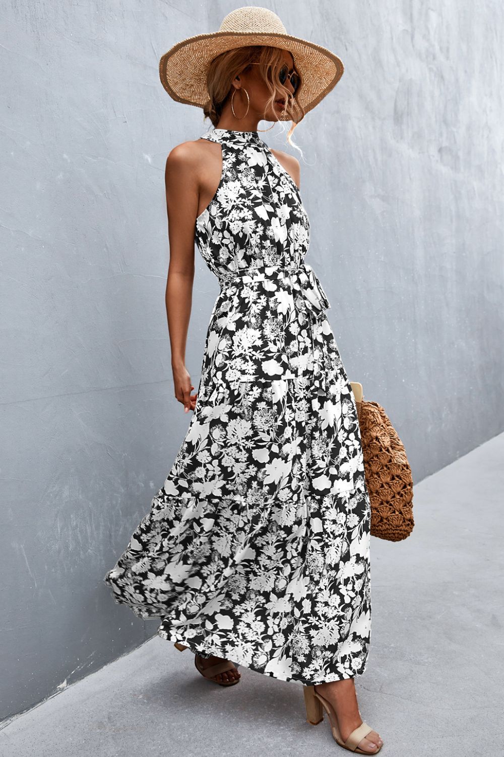 Women's Printed Sleeveless Tie Waist Maxi Dress
