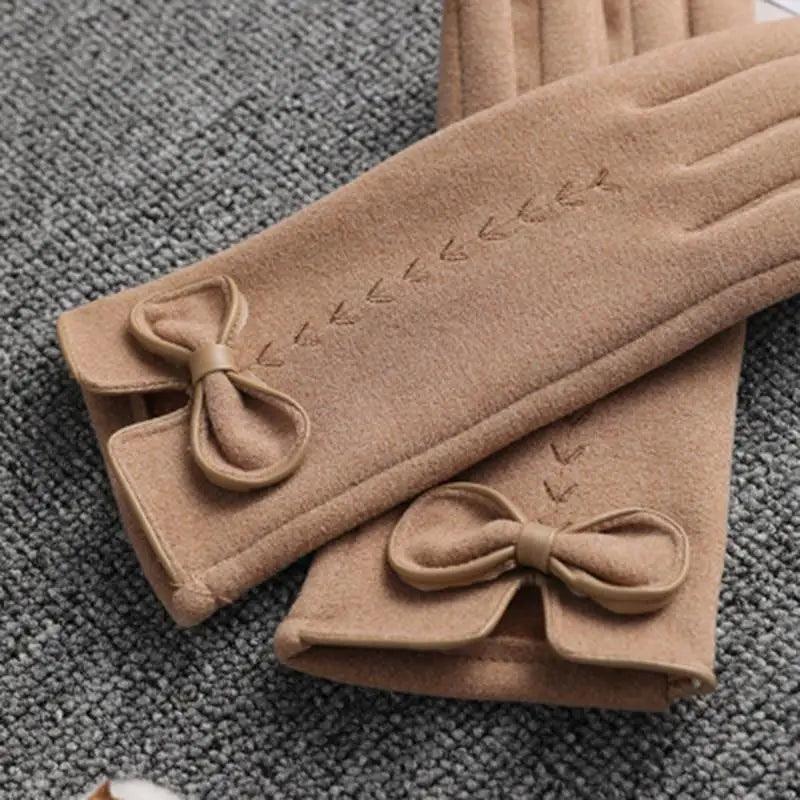 Women's Black Winter Warm Bow Style Gloves