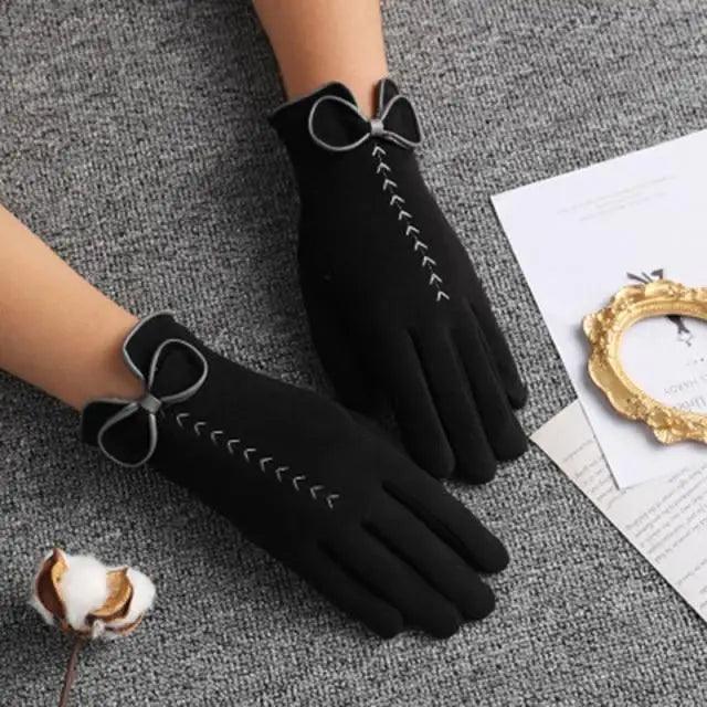 Women's Black Winter Warm Bow Style Gloves
