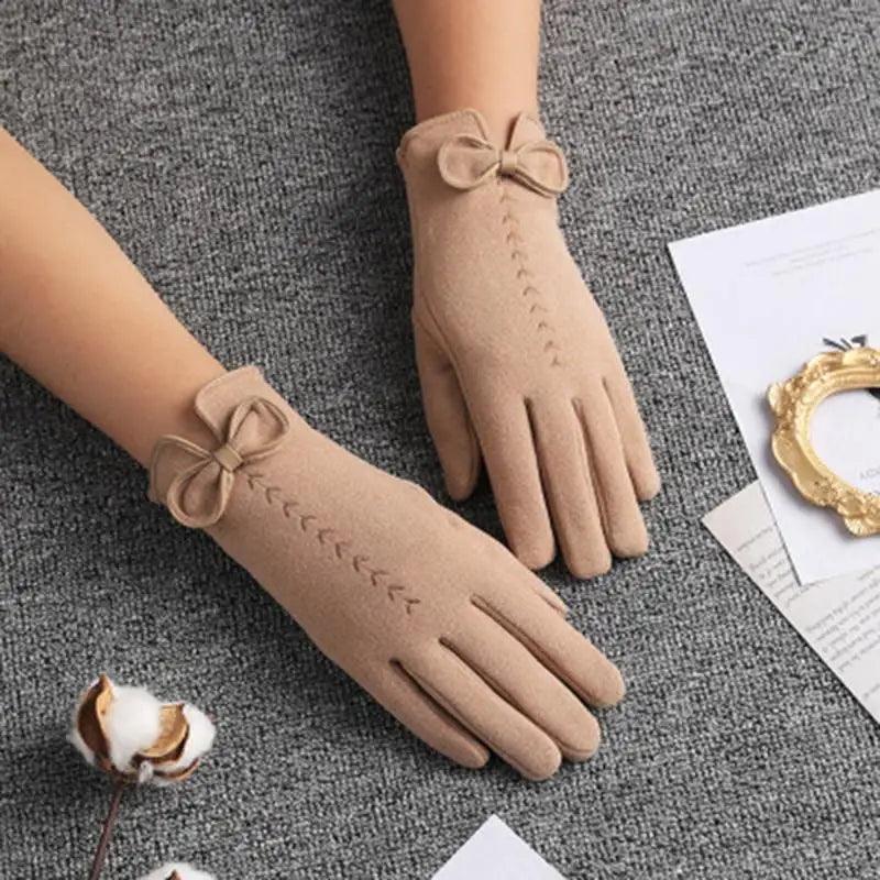 Women's Black Winter Warm Bow Style Gloves