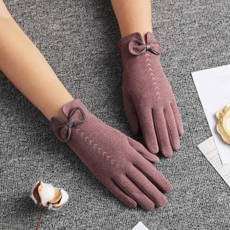 Women's Black Winter Warm Bow Style Gloves