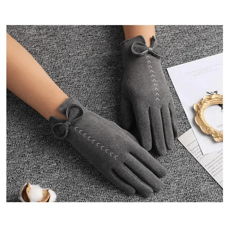 Women's Black Winter Warm Bow Style Gloves