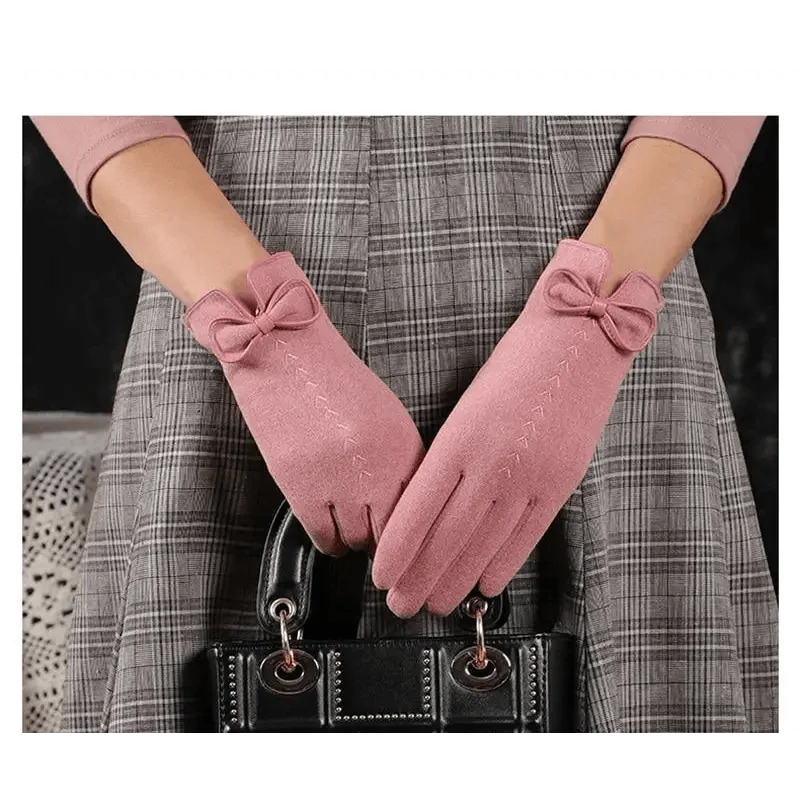 Women's Black Winter Warm Bow Style Gloves