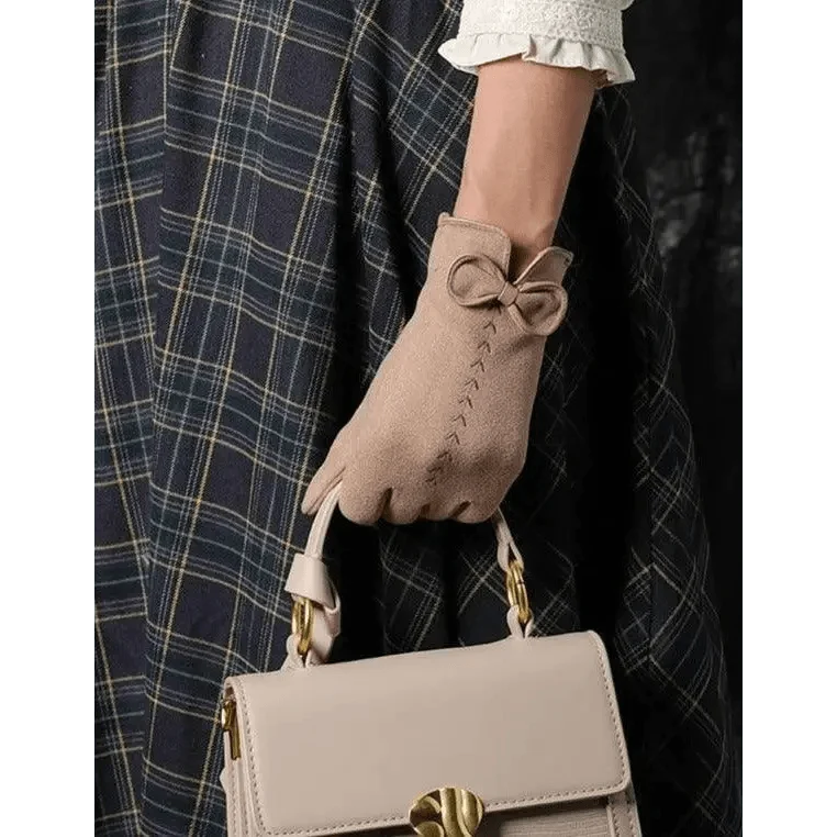 Women's Black Winter Warm Bow Style Gloves