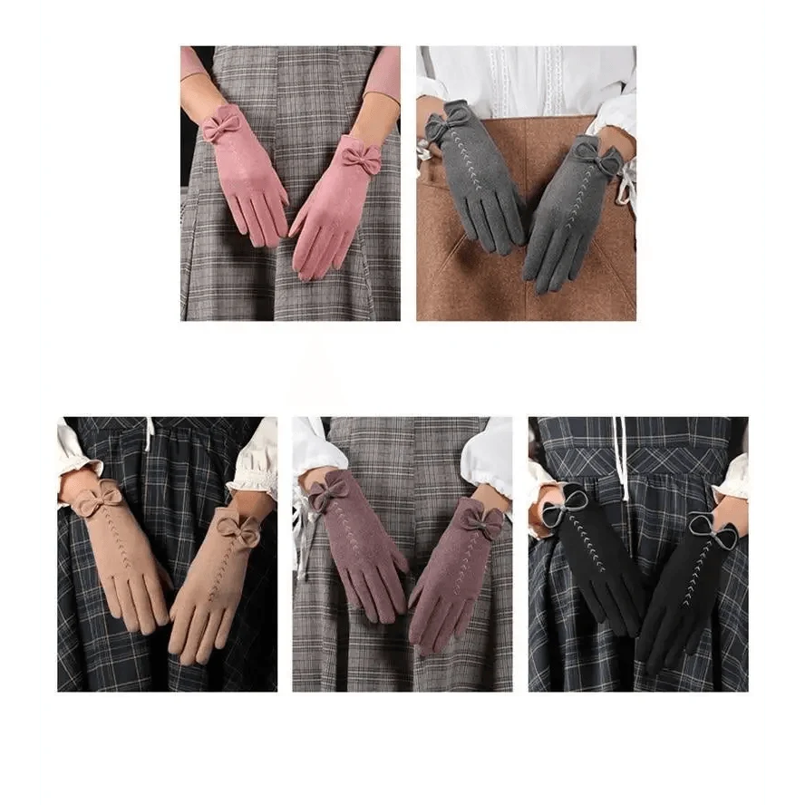 Women's Black Winter Warm Bow Style Gloves