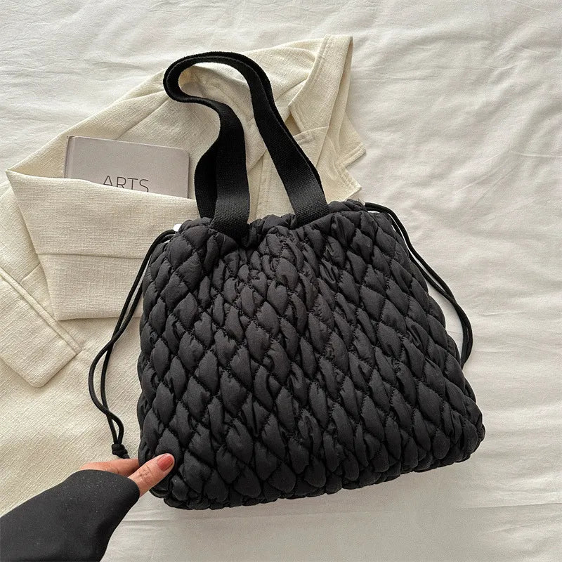 Drawstring Bubble Texture Tote Bag Casual Handbag