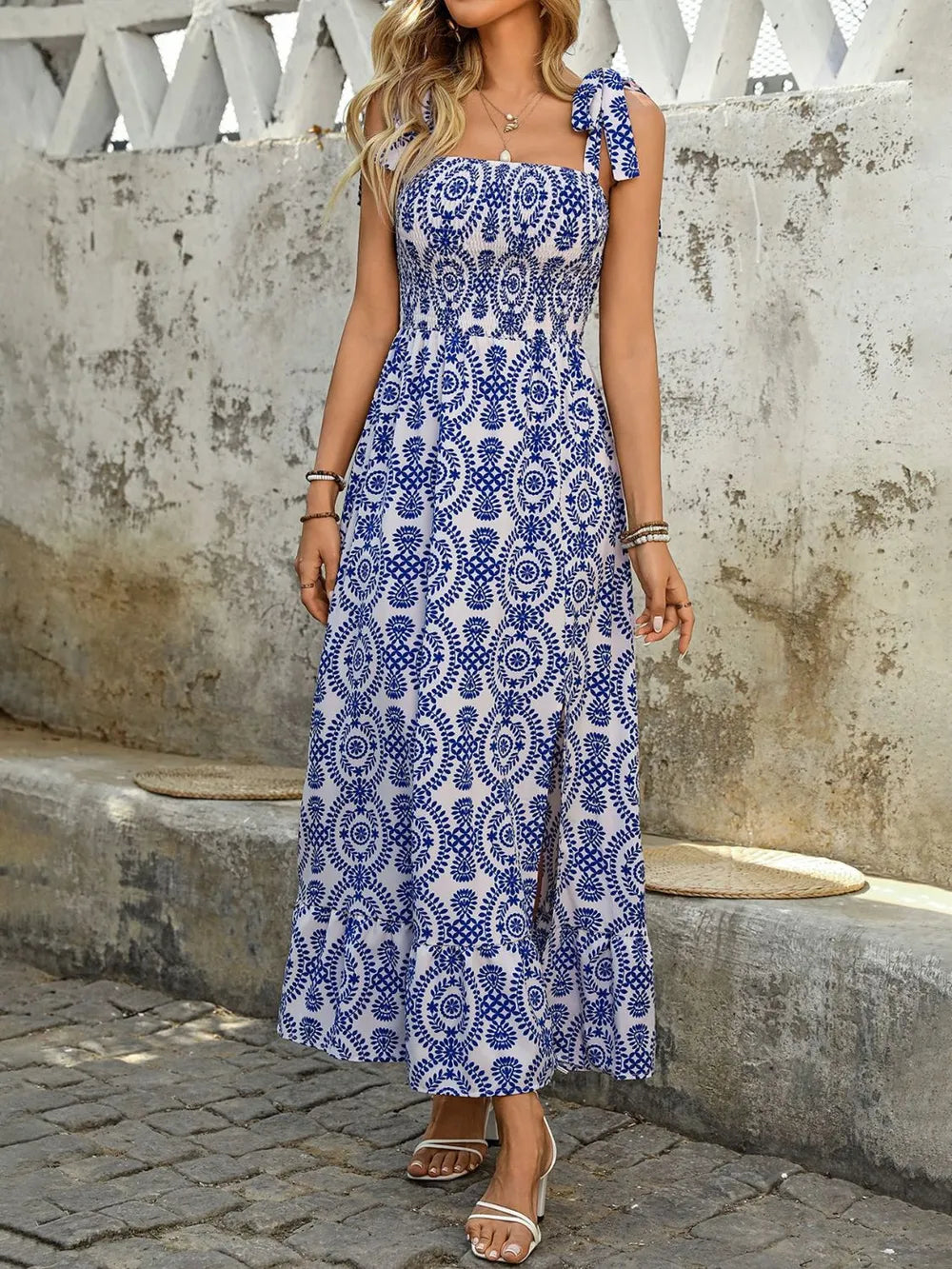 Smocked Square Neck Printed Slit Maxi Dress