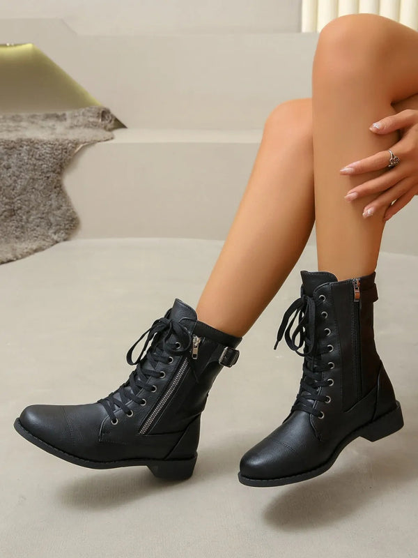 Women's PU Leather Lace Up Casual Boots