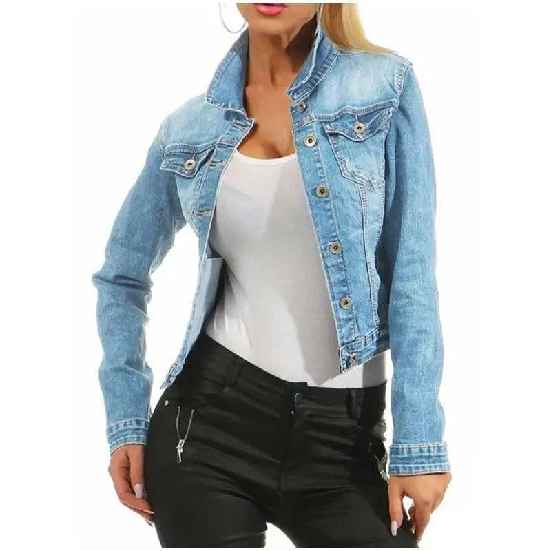 Women's Denim Cropped Jacket Pockets Button Casual