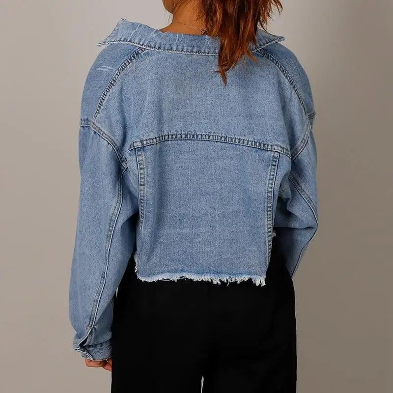 Women's Denim Cropped Jacket Pockets Button Casual