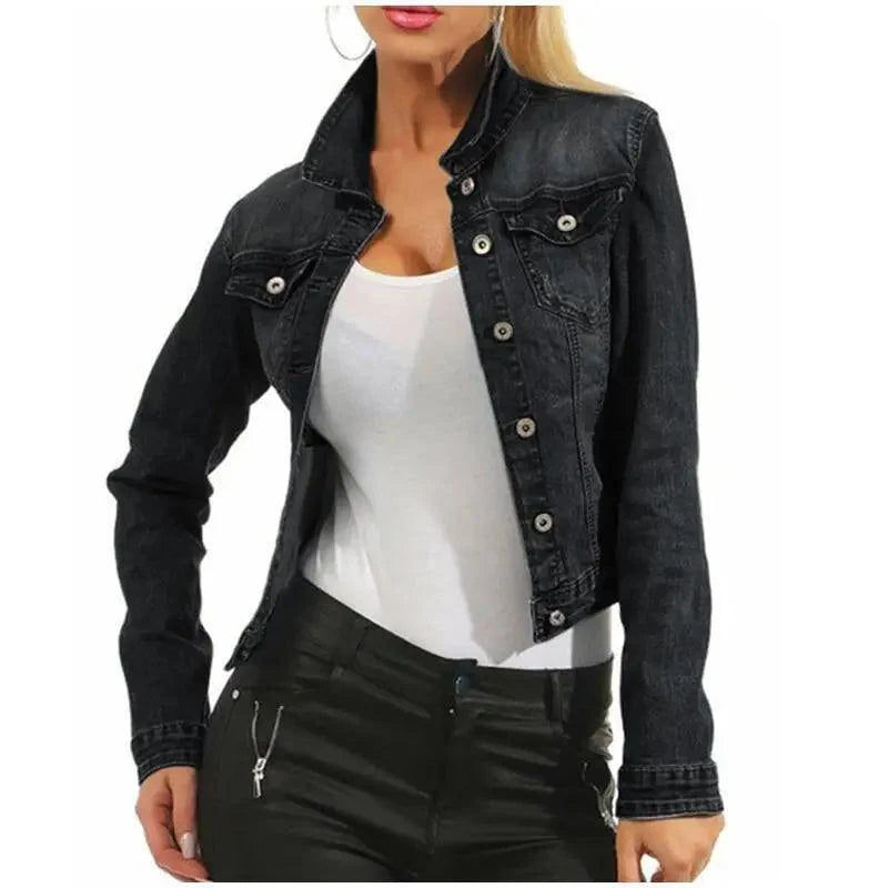 Women's Denim Cropped Jacket Pockets Button Casual