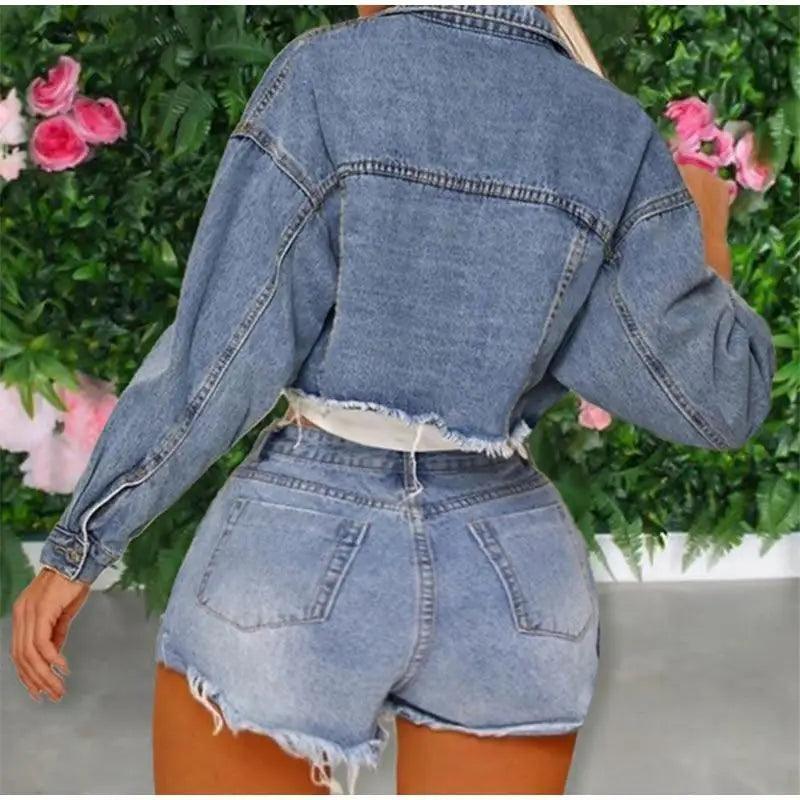 Women's Denim Cropped Jacket Pockets Button Casual