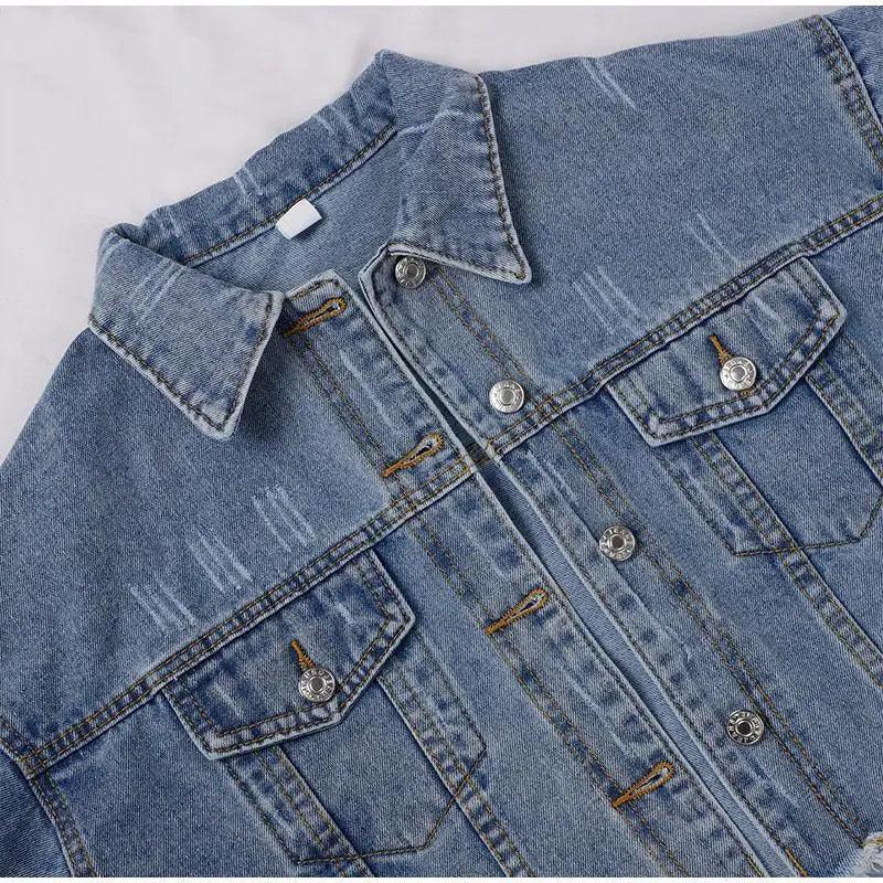Women's Denim Cropped Jacket Pockets Button Casual